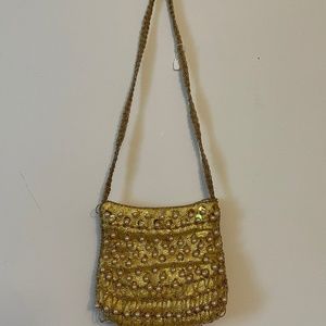 7” Vintage Gold Yellow Pearl Purse Handbag 14” Metal Strap Free Ship